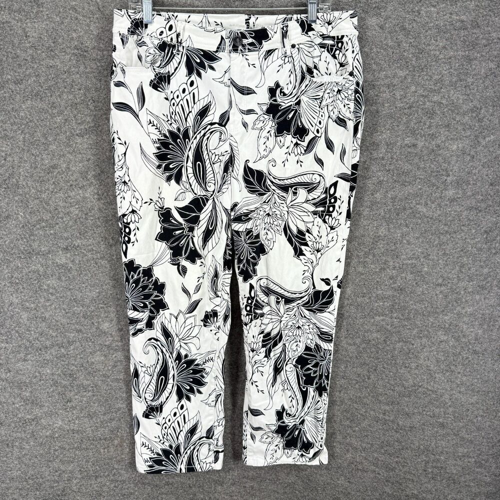 Chico's Cropped Pants Women 2 White Floral High Rise Flat Front Skinny Cotton